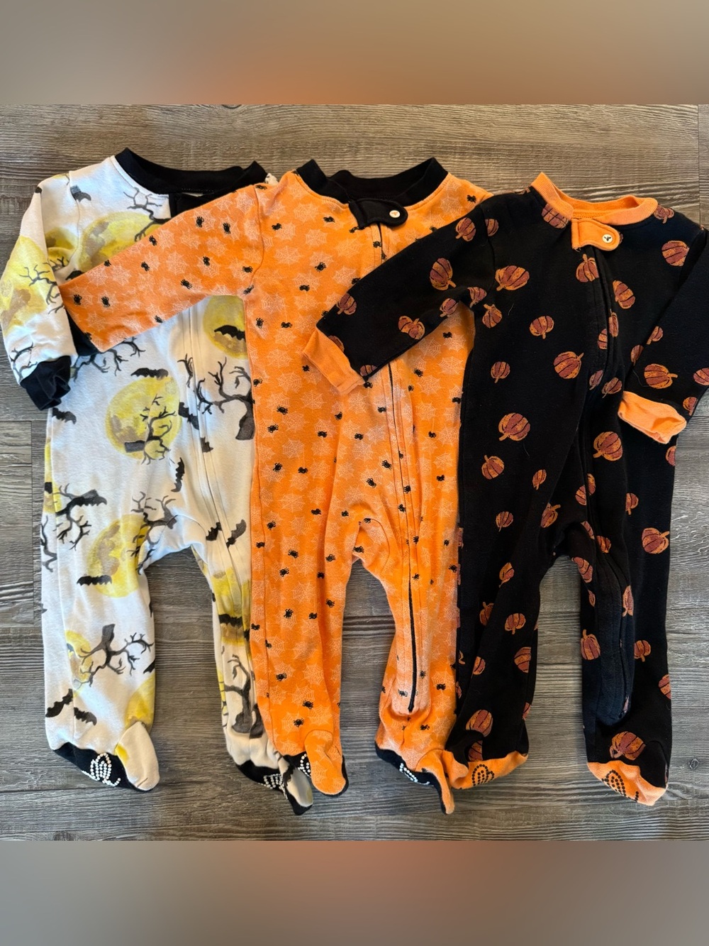 3-Pack Kids Halloween Footed One-Pieces - Orange, Black & White